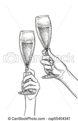 302x470 Two Hands Clinking Glasses Of Champagne. Ink Sketch Isolated On