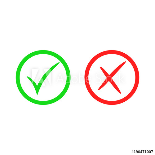 500x500 Green Check Mark Icon. Red Cross Mark. Vector Checkmark Button