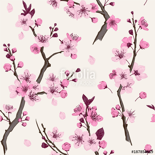 500x500 Sakura. Seamless Pattern. Pink Cherry Blossom Branches. Vector