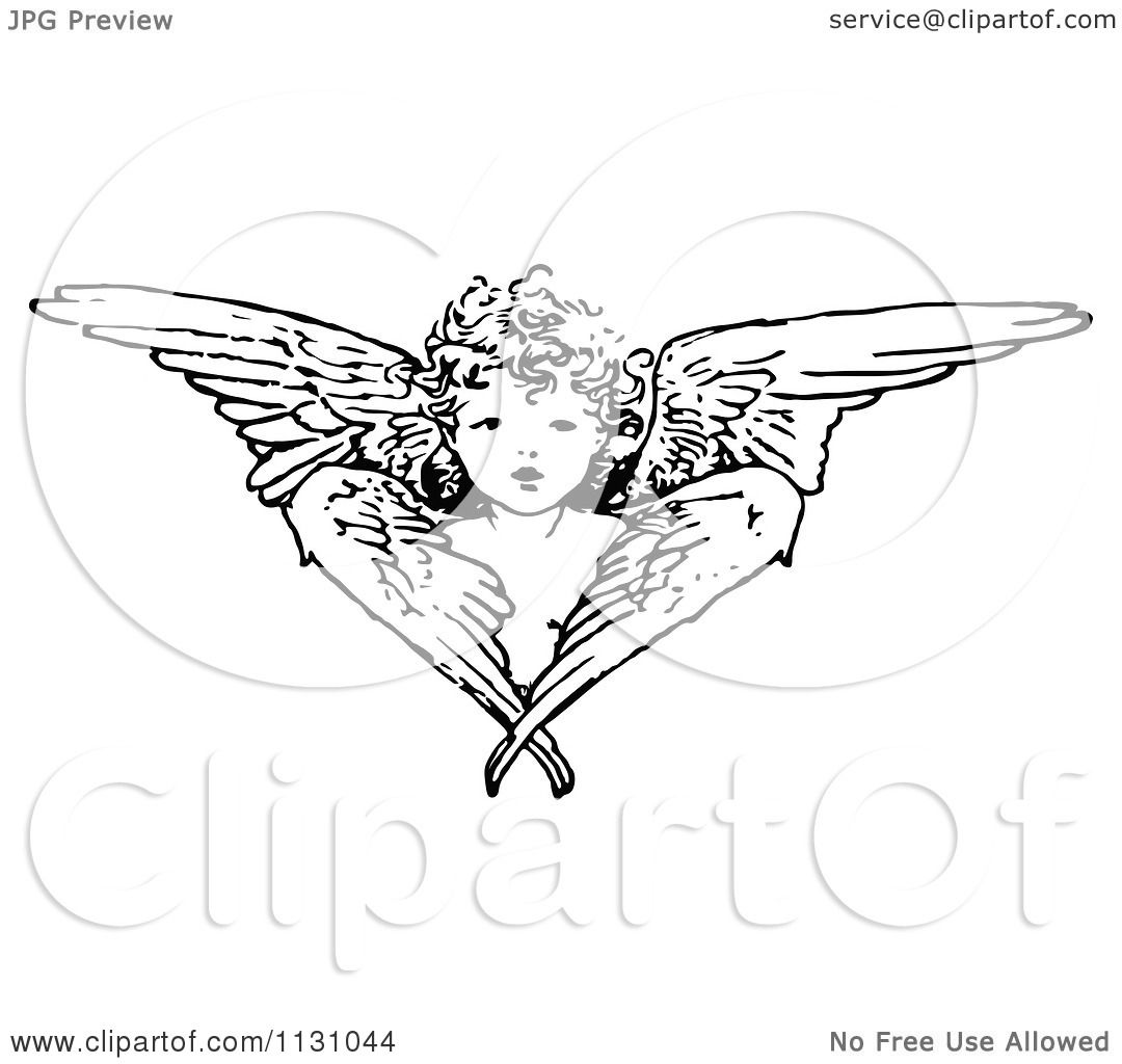 1080x1024 Clipart Of A Retro Vintage Black And White Cherub Angel And Wings