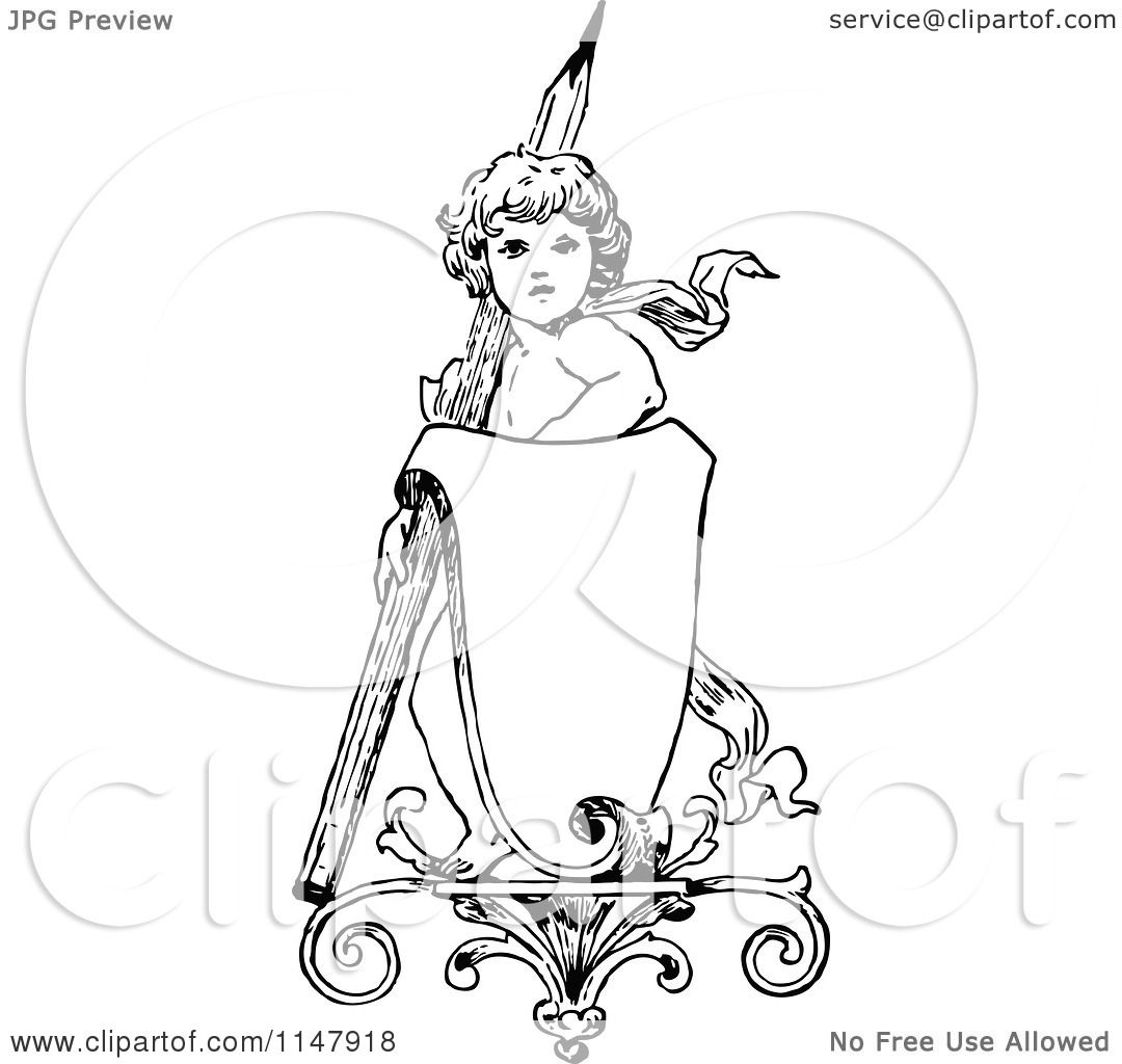 1080x1024 Clipart Of A Retro Vintage Black And White Cherub With A Pencil