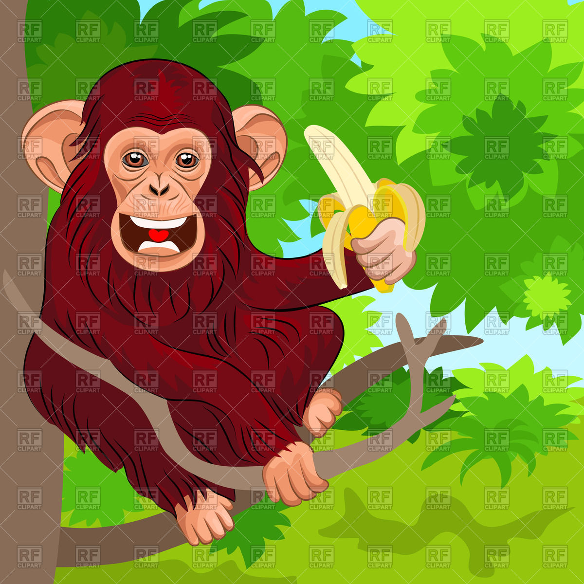 1200x1200 Chimpanzee With Banana Sitting On The Tree Vector Image Vector