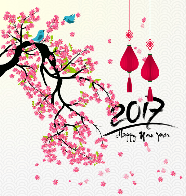 600x632 2017 Chinese New Year Background With Flowers Vector 06