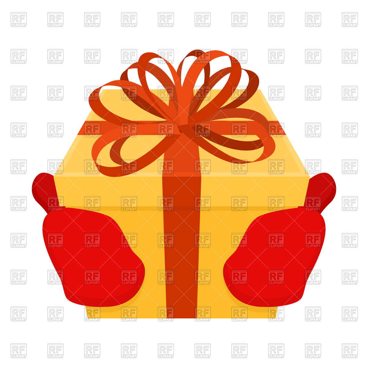 1200x1200 Gift On Christmas. Santa Gloves And Box With Bow. Vector Image