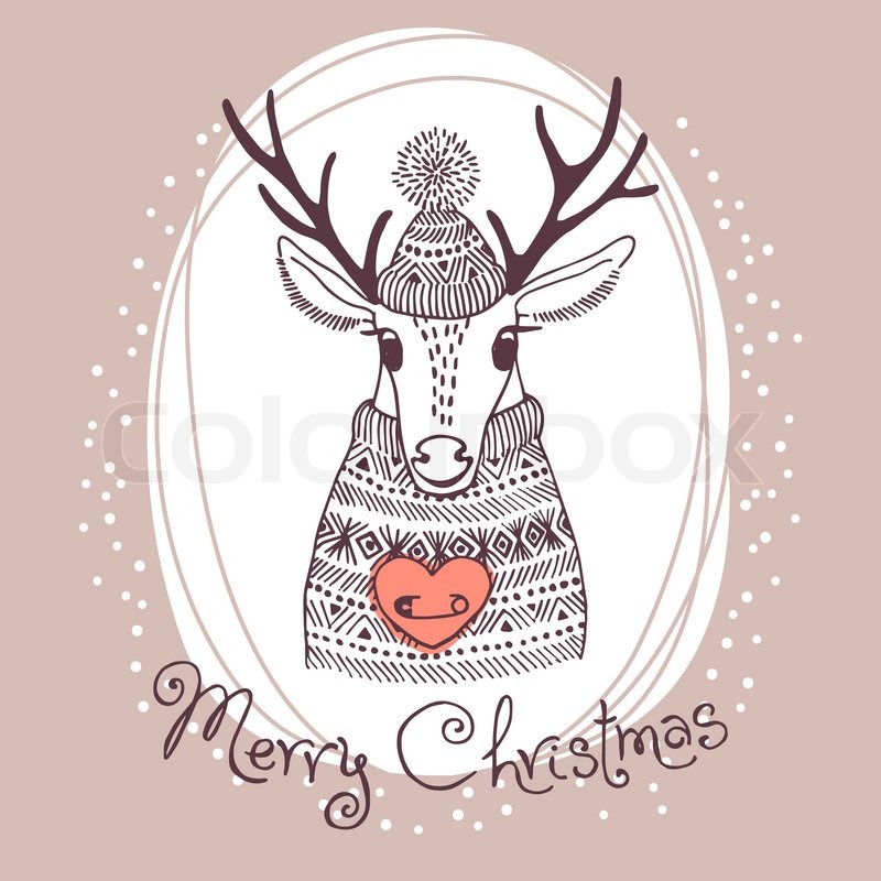 800x800 Hand Drawn Vector Illustration With Cute Deer. Merry Christmas