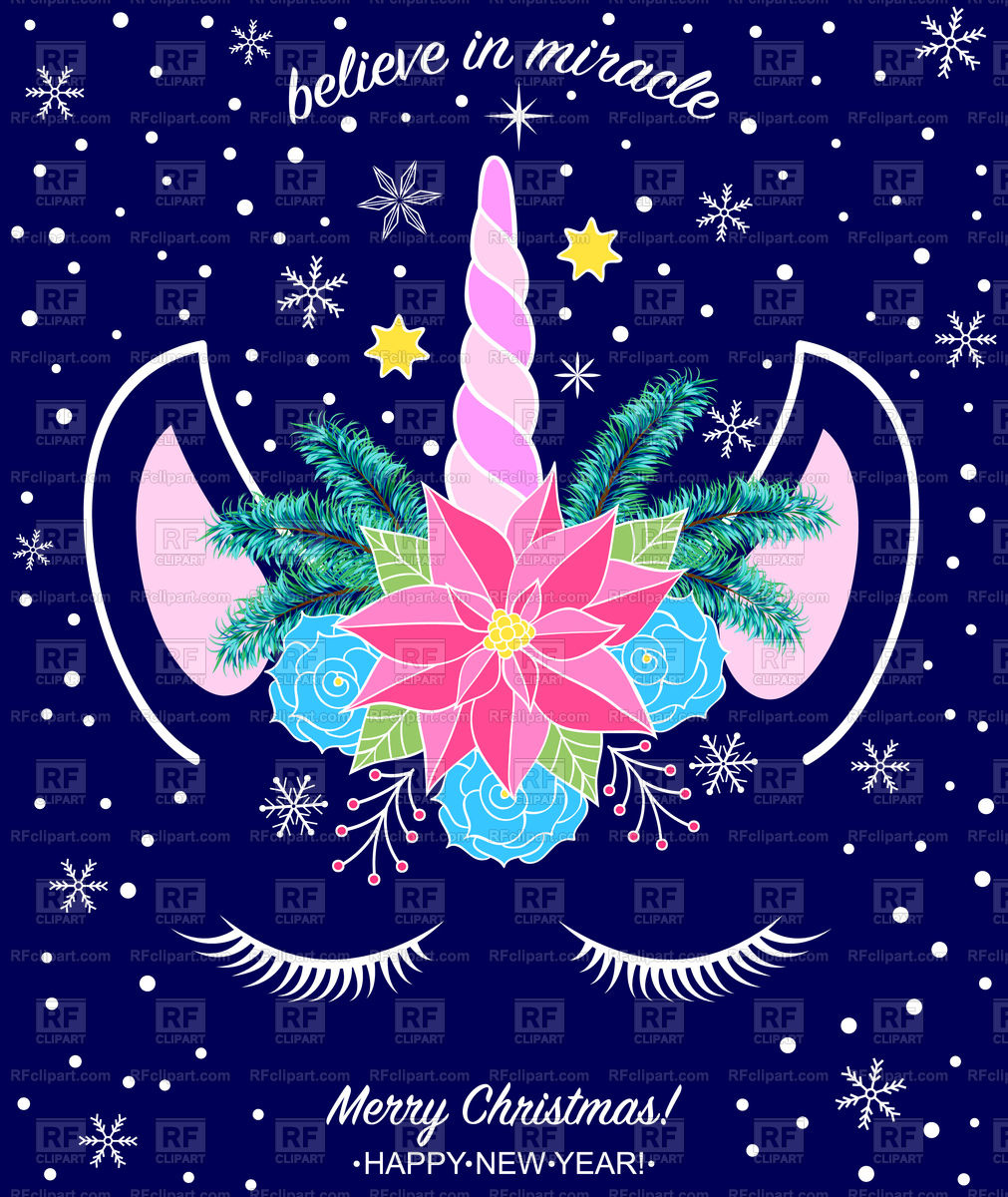 1011x1200 Head Of Hand Drawn Unicorn With Floral Wreath. Christmas Card