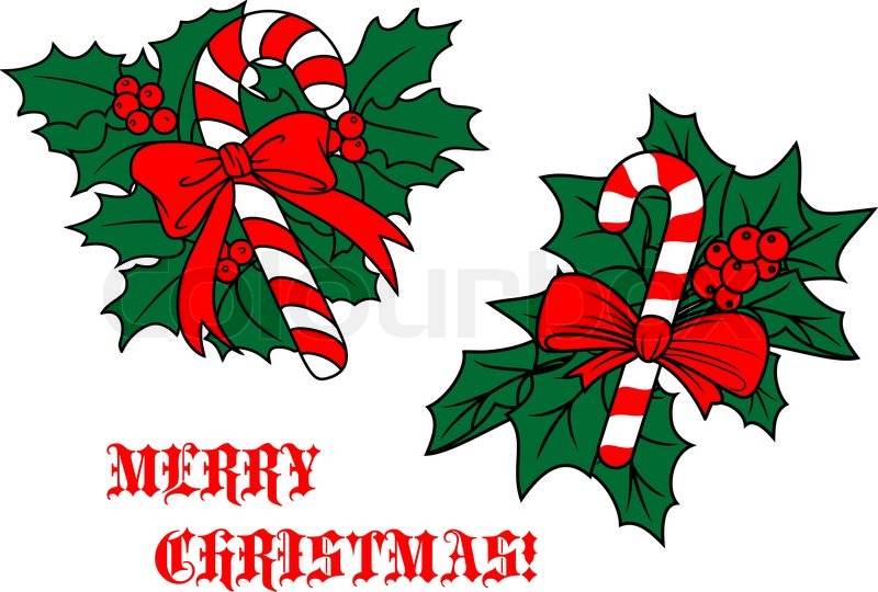 800x540 Candy Cane With Ribbon On Christmas Leaves With Red Holly Berries