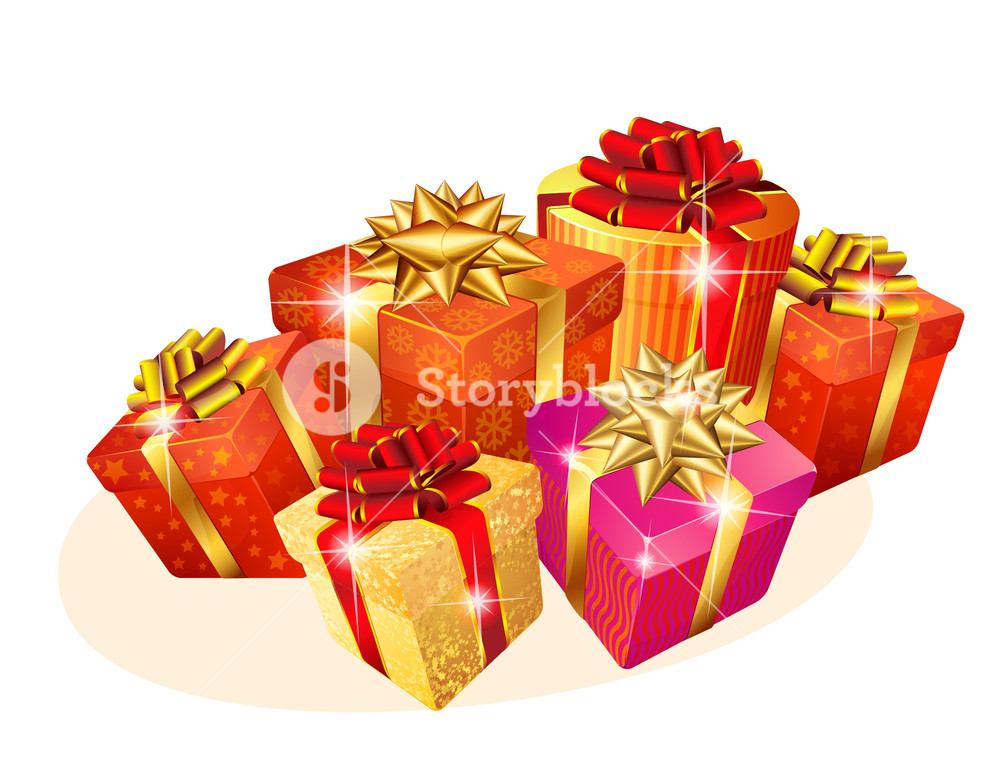 1000x784 Decorated Christmas Gift Boxes With Gold And Red Ribbons. Vector