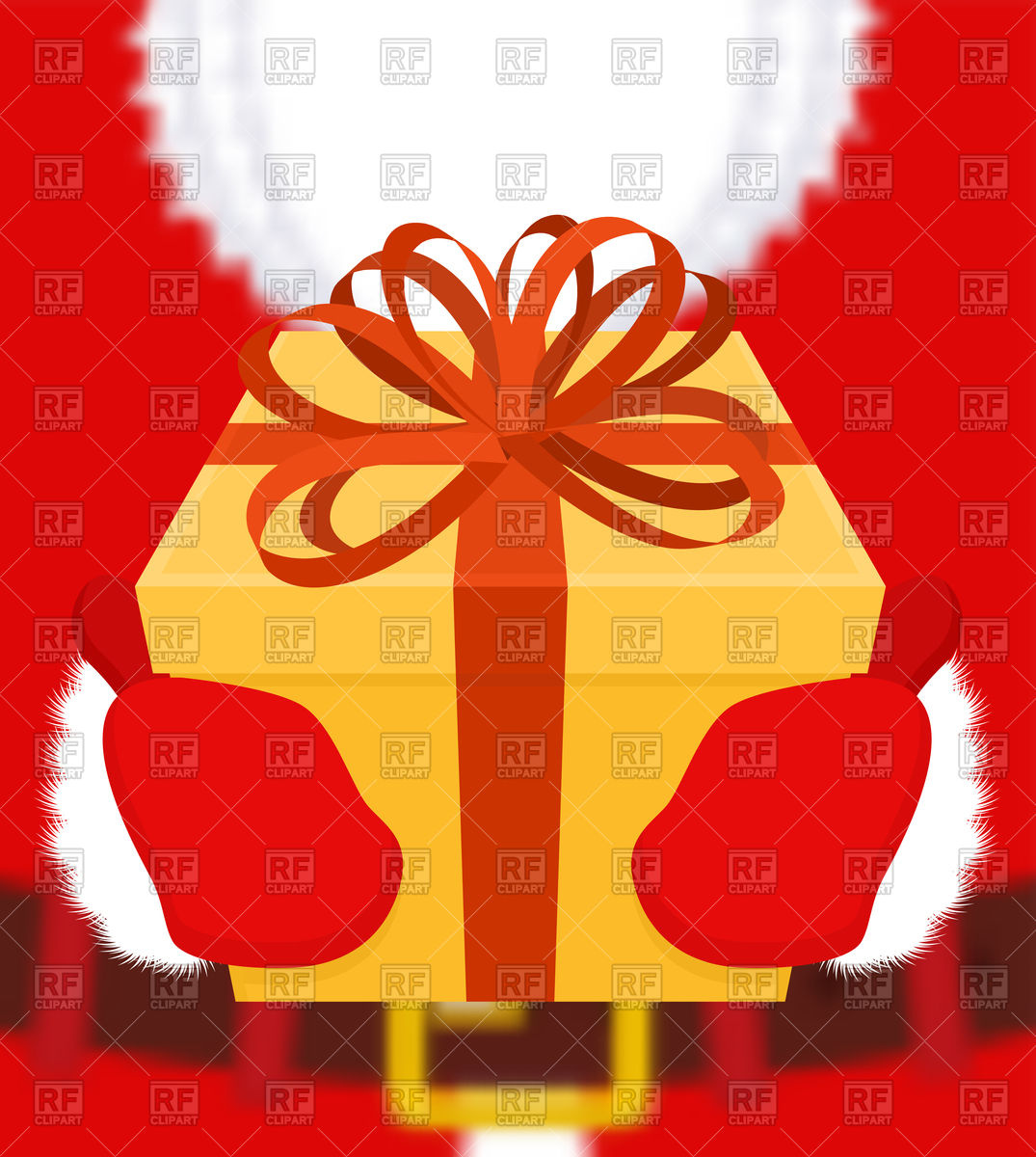 1075x1200 Santa Gives Gift. Christmas Present. Box With Bow. Vector Image