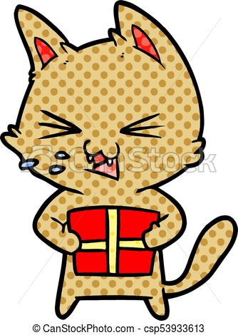 334x470 Cartoon Hissing Cat With Christmas Present.