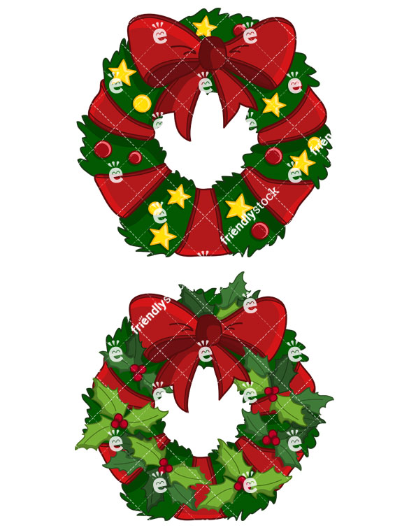 585x755 Christmas Wreaths With Ribbons And Ornaments Vector Clipart