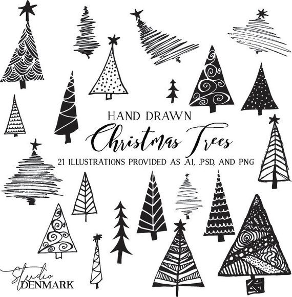 570x581 Christmas Trees Vector Clipart Holiday Clip Art Hand Drawn Etsy