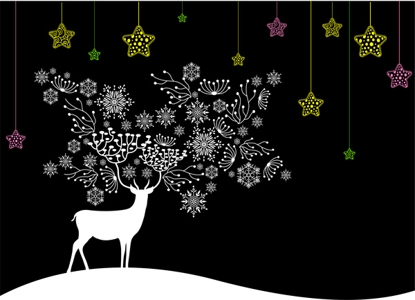 600x433 Black White Christmas Background With Deer And Coloured Stars Free