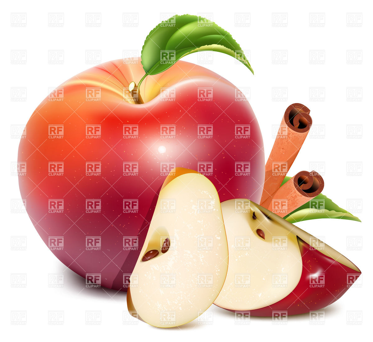 1200x1102 Red Apples And Apples Slices With Green Leaves And Cinnamon Vector