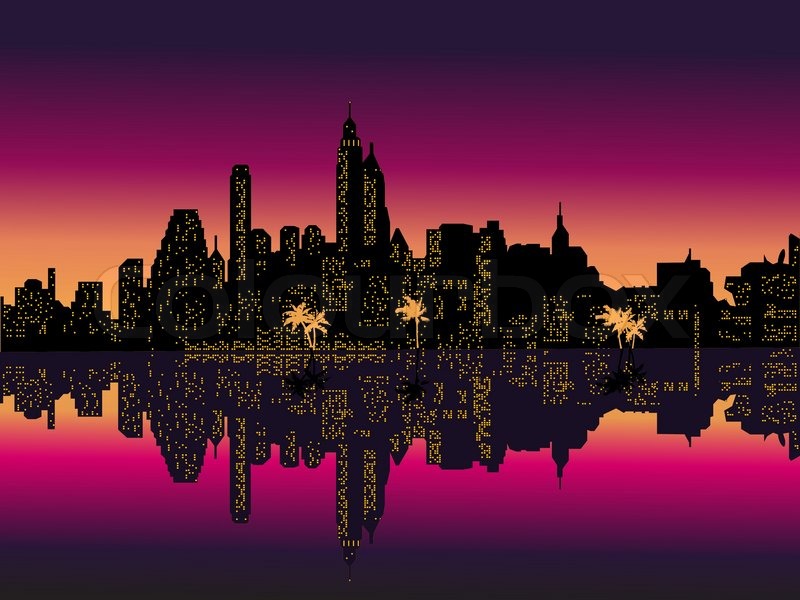 800x600 Mirror Purple Night City Palms. Vector Illustration. Stock