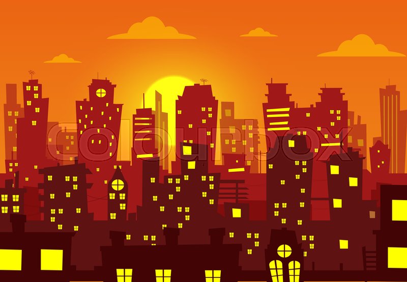 800x555 Evening Cityscape Vector Illustration. Sunset Landscape Vector