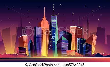 450x273 New York Night Cityscape Vector Cartoon Illustration. New York