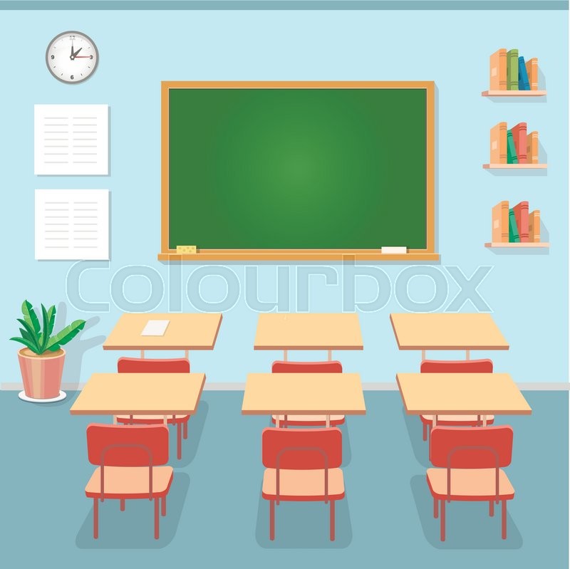 800x799 School Classroom With Chalkboard And Desks. Class For Education Or