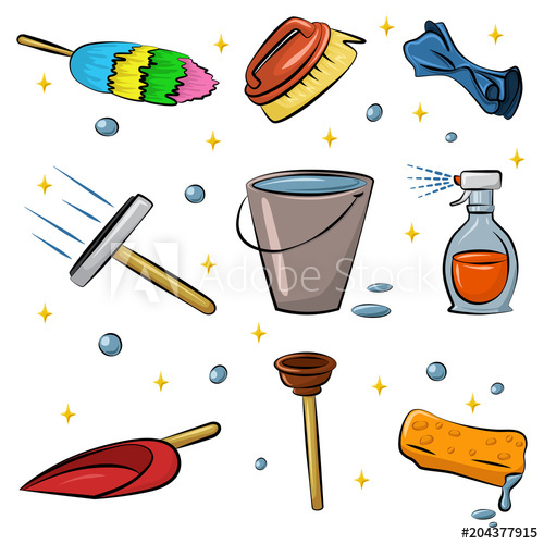 500x500 Cleaning Tools Vector Cartoon Set Isolated On White Background