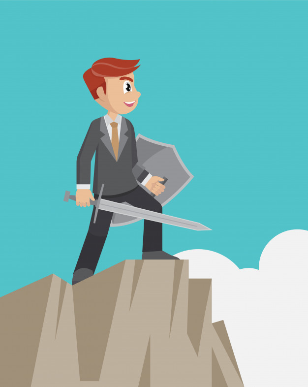 626x786 Businessman Holding A Sword And Shield On Top Of Cliff. Vector