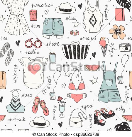 450x470 Fashion Set Of Woman Clothes. . Summer Style. Hand Drawing Doodles