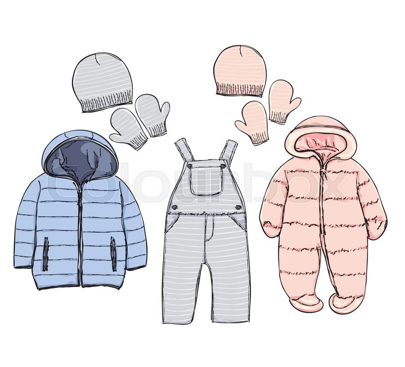 800x725 Hand Drawn Winter Clothes Vector Set For Baby Stock Vector