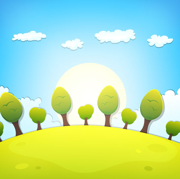 600x595 Cartoon Tree And Clouds Scenery Background Vector Free Vector In