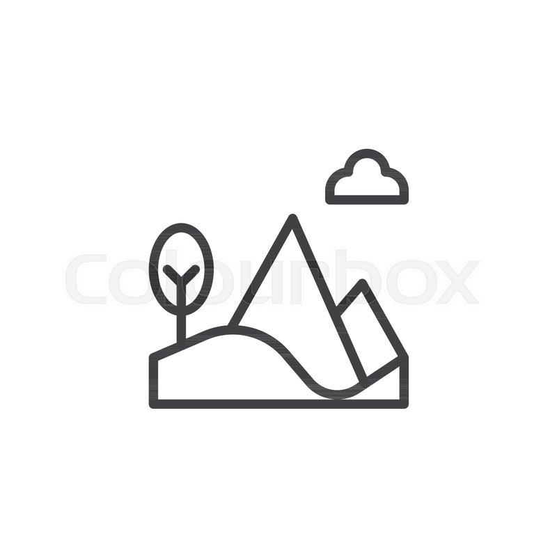 800x800 Mountain Hill, Tree And Cloud Outline Icon. Linear Style Sign For