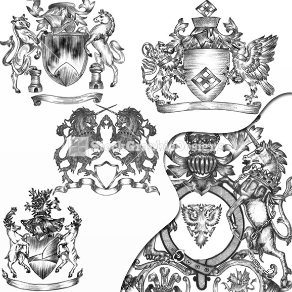 578x578 Unicorn, Lion, Horse, Griffin, Deer Heraldic Coat Of Arms Vector