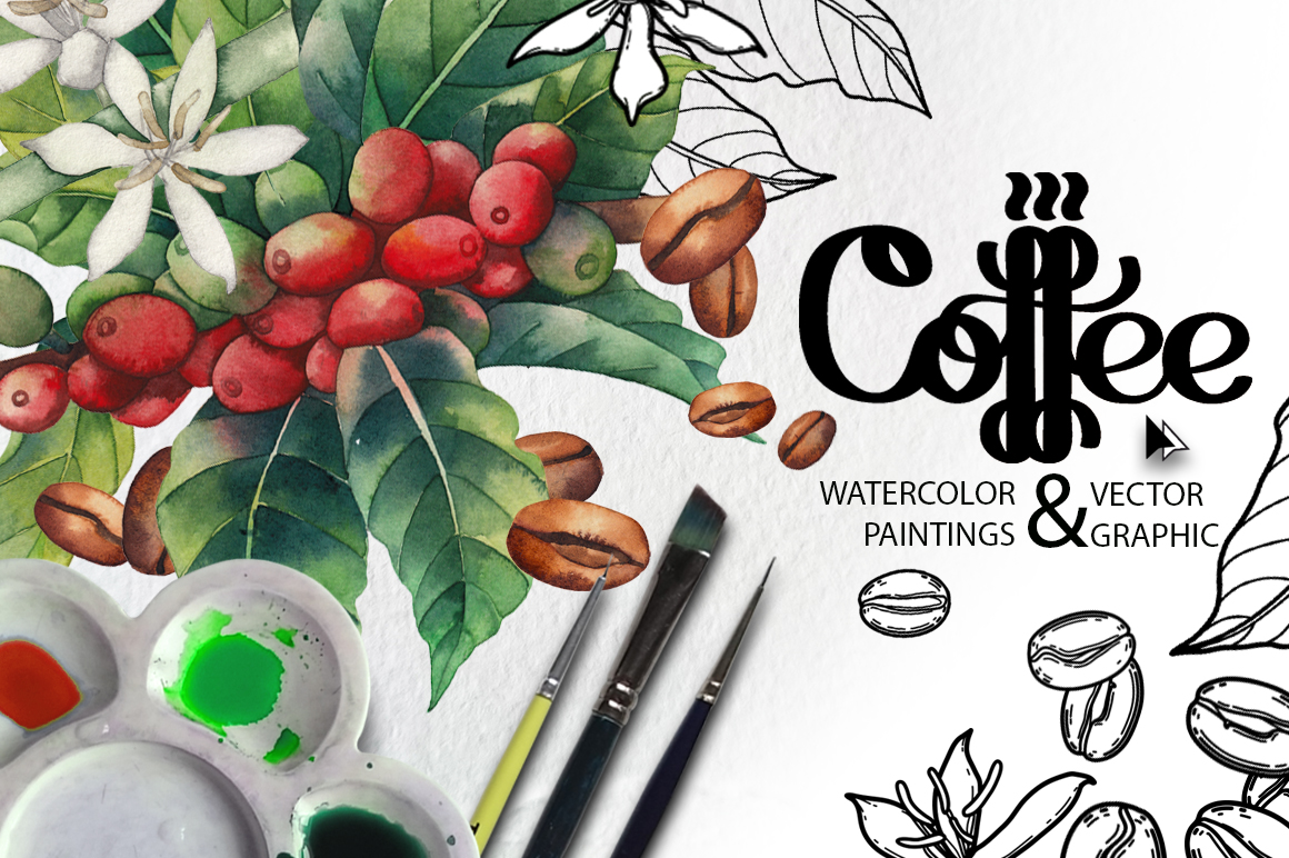1160x772 Watercolor And Graphic Coffee Plants In Design Elements On Yellow