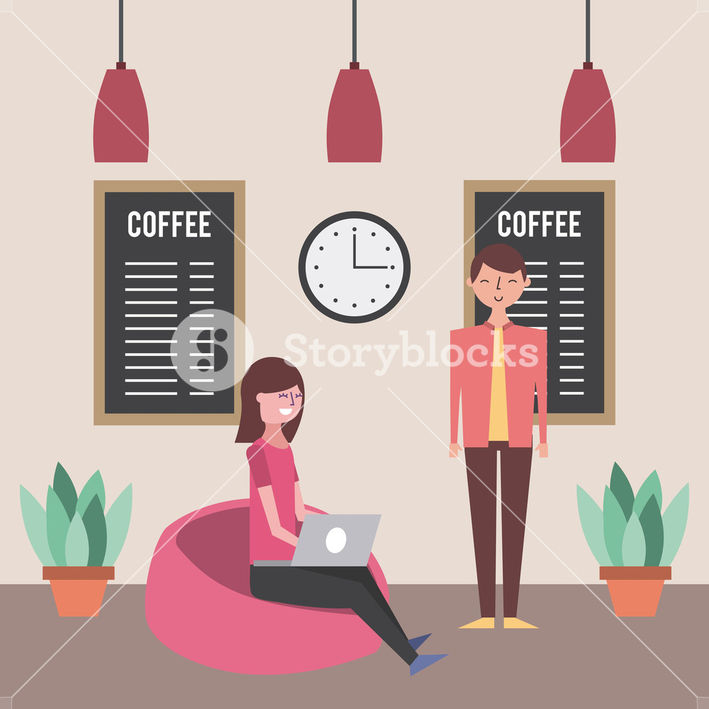 1000x1000 Young Woman Using Laptop And Man In Coffee Shop Vector