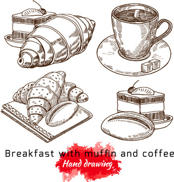 352x368 Hand Drawing Breakfast With Muffin And Coffee Vector Png Images