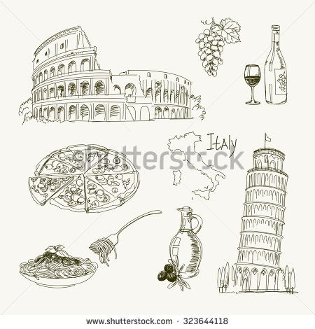 450x470 Freehand Drawing Italy Items On A Sheet Of Exercise Book. Leaning
