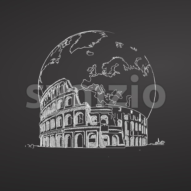 620x620 Coliseum And Earth. Sketch On Chalkboard. Vector Illustration