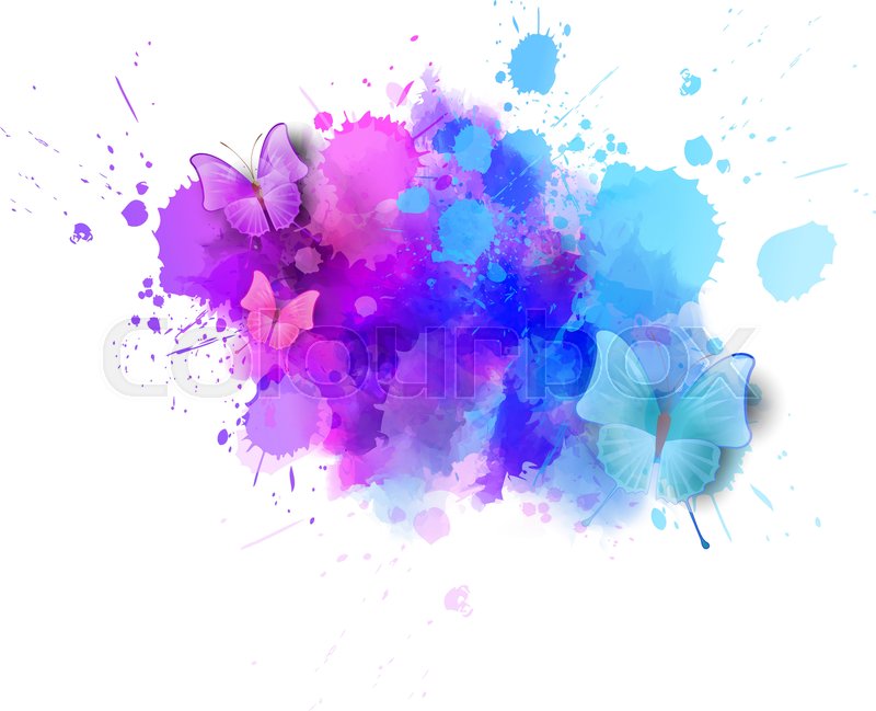 800x649 Watercolor Imitation Color Splash With Butterflies. Design Element