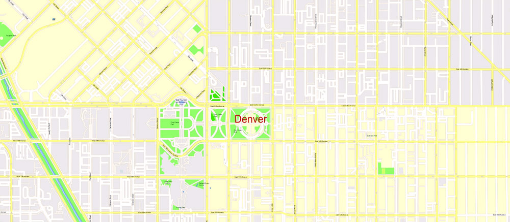1000x437 Map Denver Pdf Vector City Plan 100 Meters Scale Editable Printable