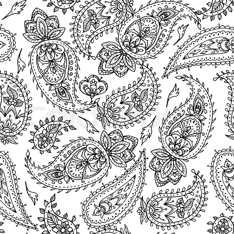 800x800 Seamless Indian Paisley Pattern. Black And White Illustration For
