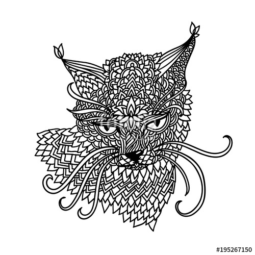 500x500 Cat In Mandala Pattern Style. Zentagle Black And White Background