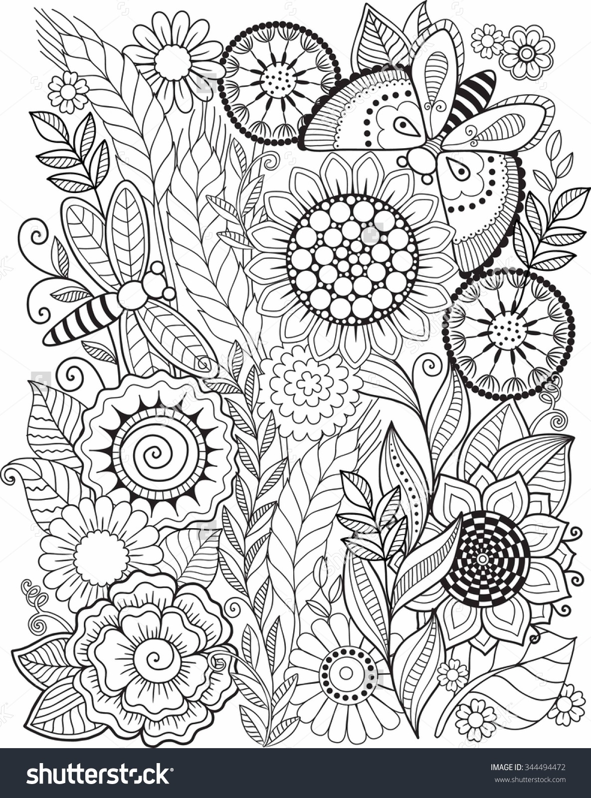 1185x1600 Coloring Book For Adult Summer Flowers Vector Elements 344494472