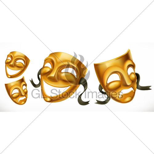 500x500 Gold Theatrical Masks. Comedy And Tragedy 3d Vector Icon Gl