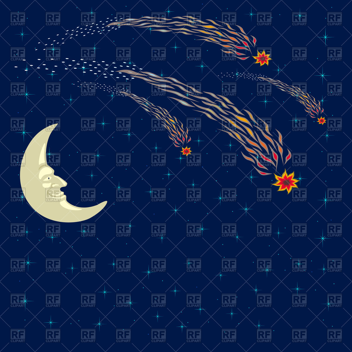 1200x1200 Cartoon Space Landscape, Moon Face, Stars And Falling Comet Vector