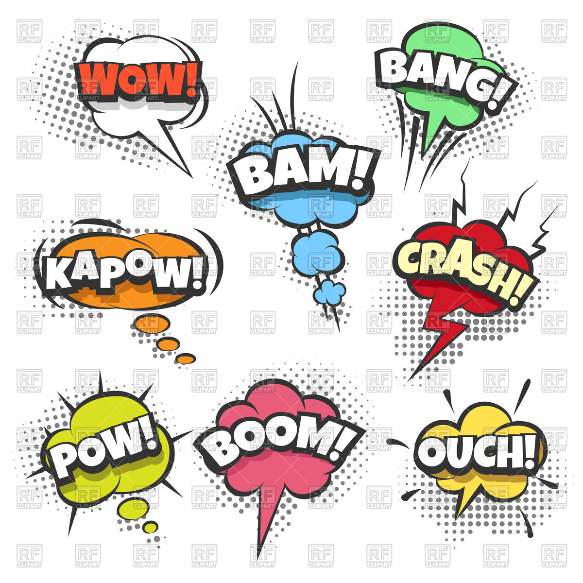 1200x1200 Comic Sound Effects Text In Sound Bubbles Vector Image Vector