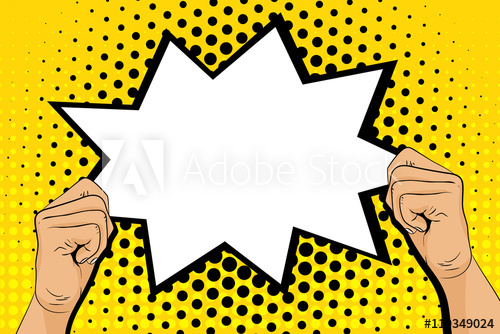 500x334 Pop Art Background With Male Hands Holding Speech Bubble. Retro