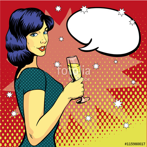 500x500 Woman With Wine Glass In Pop Art Retro Style. Comic Vector