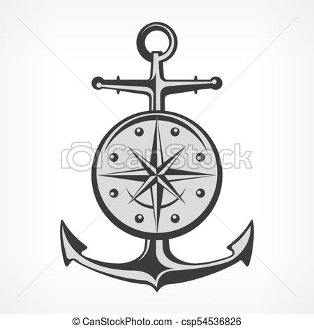 450x470 Anchor With Compass, Nautical Symbols On White, Vector Marine