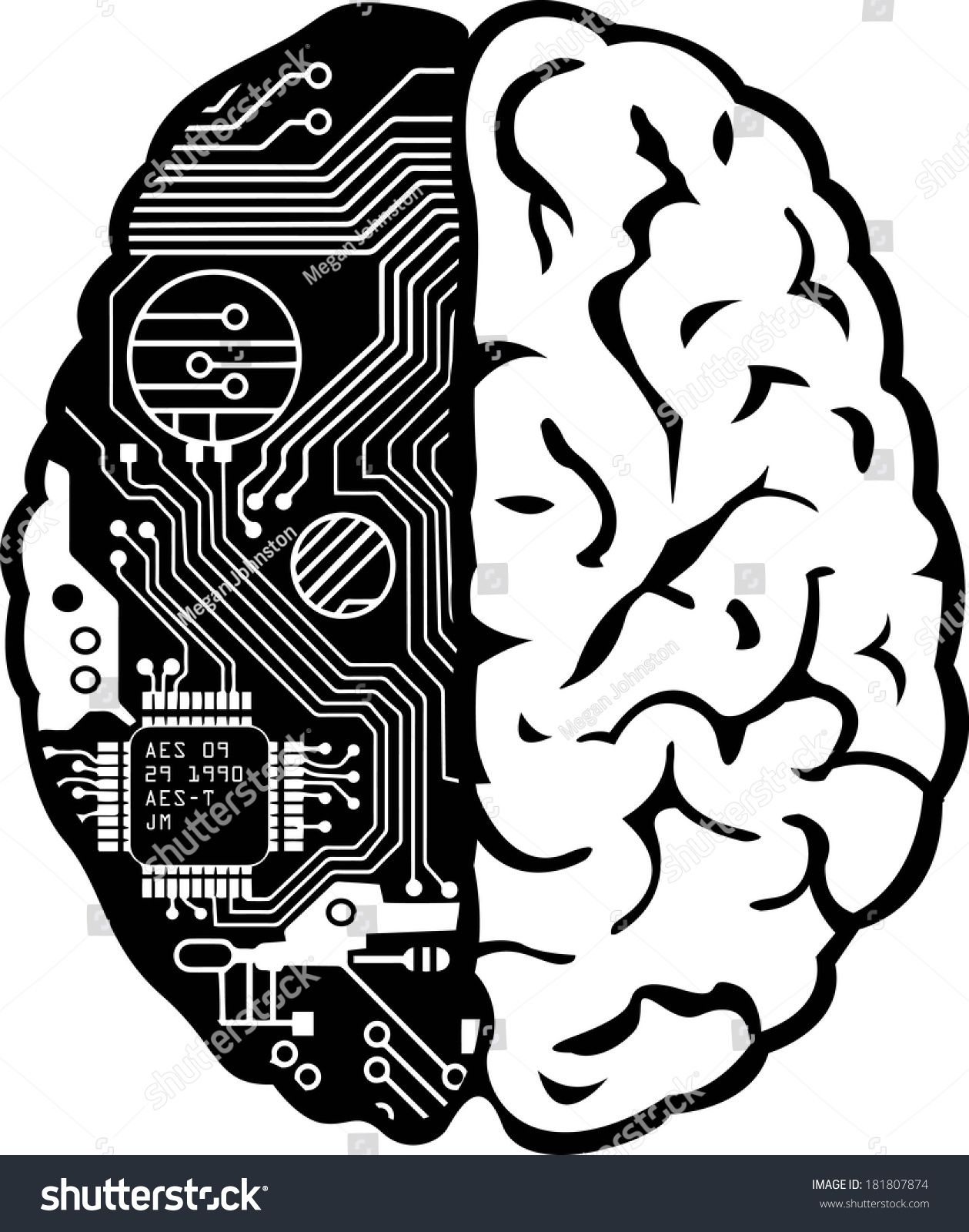 1259x1600 Black And White Human Brain With Computer Circuit Board Vector