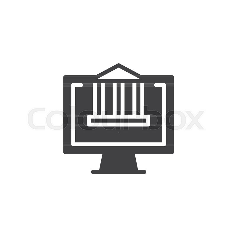 800x800 Bank Building On Computer Monitor Screen Vector Icon. Filled Flat