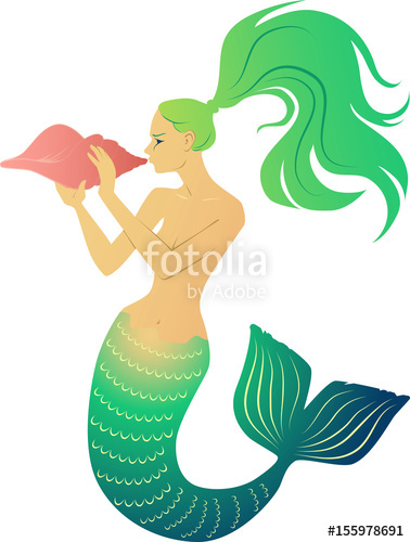 378x500 Mermaid Blowing Conch Shell Horn, Eps 8 Vector Illustration, No