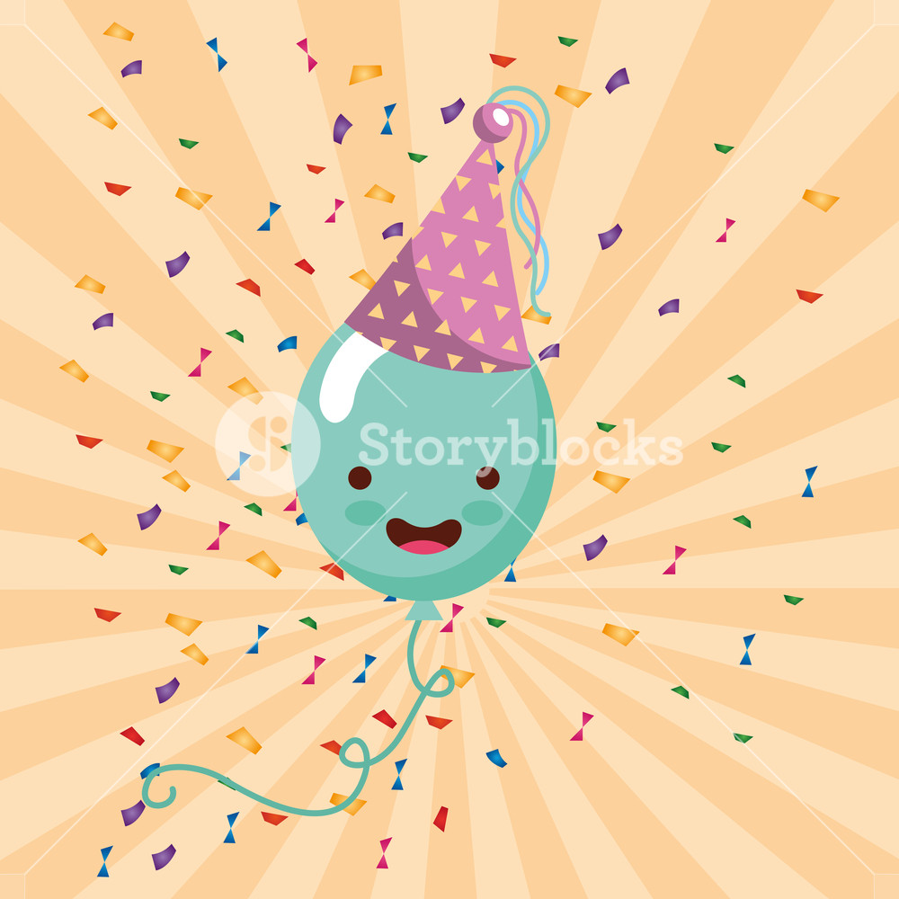 1000x1000 Happy Birthday Card Cartoon Smile Balloon Kawaii Confetti Vector