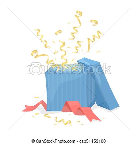 450x470 Open Gift Box Explode Gold Ribbon And Confetti. Vector